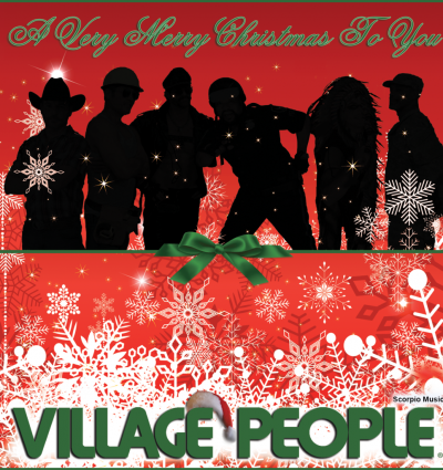 village people silhouette with red background and green text