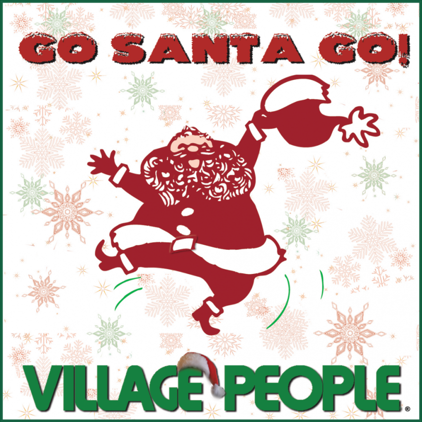 cartoon santa claus with village people green text