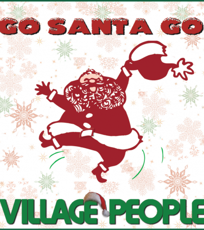 cartoon santa claus with village people green text
