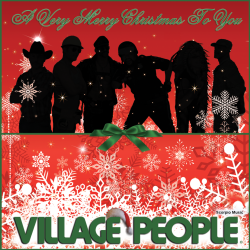village people silhouette with red background and green text