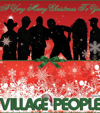 village people silhouette with red background and green text