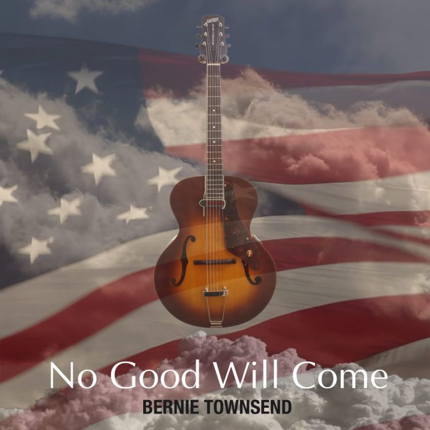 classic guitar in front of american flag and clouds