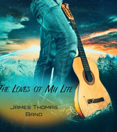 James thomas band album cover with man standing with guitar in field