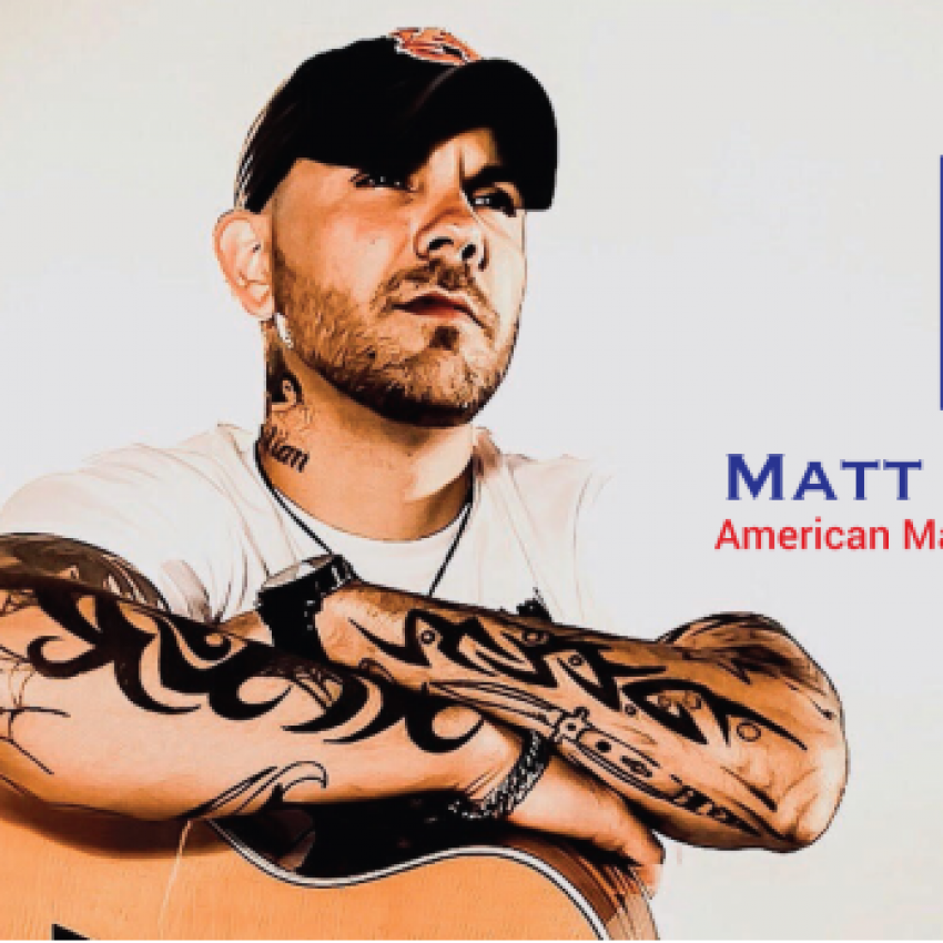 matt williams wearing white tshirt crossing arms over acoustic guitar with american flag