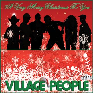 village people black silhouette with white snow flakes and red background